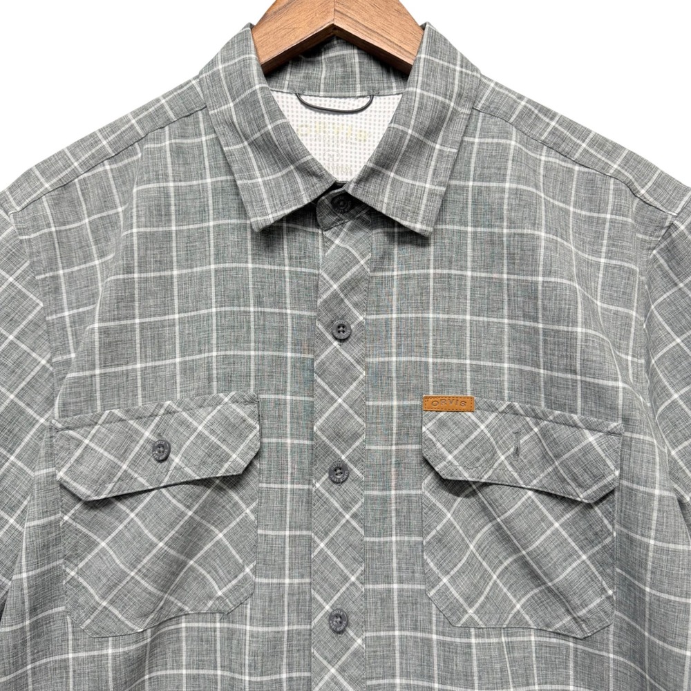 Orvis Button Down Shirt Mens M Grey Grid Short Sleeve Plaid Hiking Outdoor Light